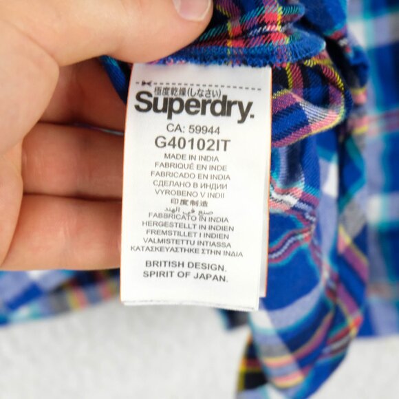 Super Dry Shirt Womens 12 Blue Red Plaid Button Up Long Sleeve Colorful - Picture 9 of 10
